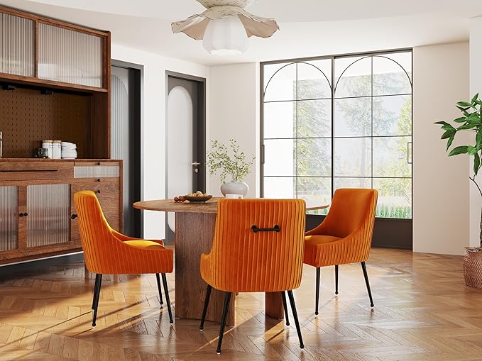 Velvet Dining Chairs Set of 6,Orange Upholstered Living Room Chairs with Black Metal Legs, Modern Tufted Accent Chairs for Living Room, Study Room, Kitchen