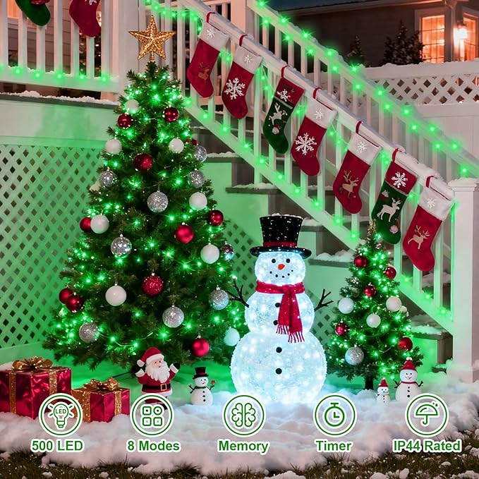 QITONG 165ft 500 LED Green Christmas Lights, 8 Modes Outdoor String Lights Plug in, Clear Wire Twinkle Xmas Light Indoor