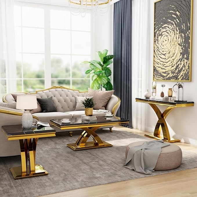 AUZ 3 Pieces Black Gold Living Room Table Set, Coffee Table and 2 End Side Table with X-Shape Design Polished Stainless Steel Frame
