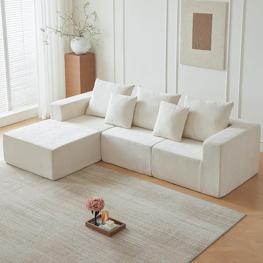 101" Cloud Couch for Bedroom,Boneless Couch with Oversized Chaise,4-Seat Chenille Deep Seat Sofa with 5-Pillows for Living Room,Corduroy Sofa in A Box,Beige