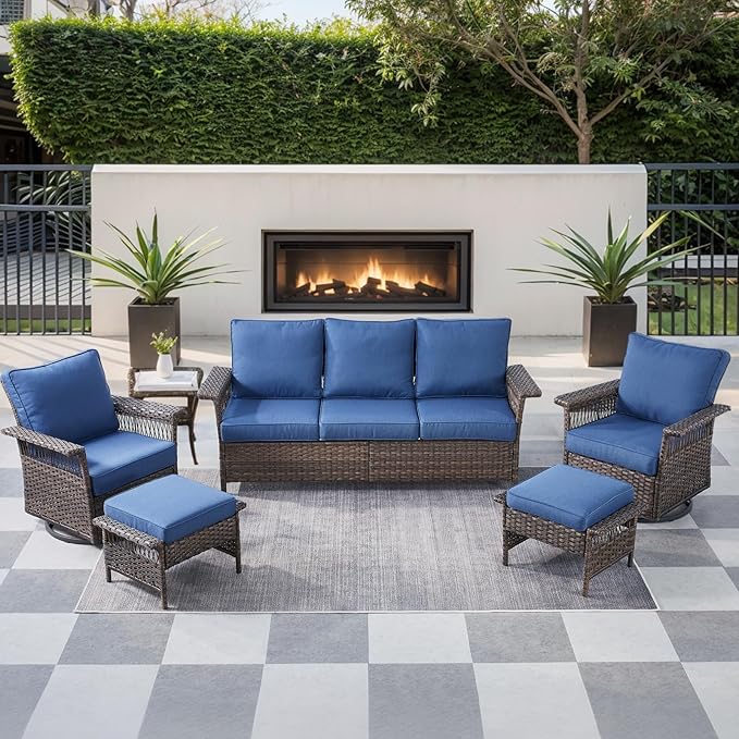 6 Pieces Wicker Patio Furniture Set - Hollow Widen Armrests 3 Seat Outdoor Sofa & Comfy Chairs with Side Table & Ottomans, Small Patio Convention Set for Deck and Backyard - Brown/Blue