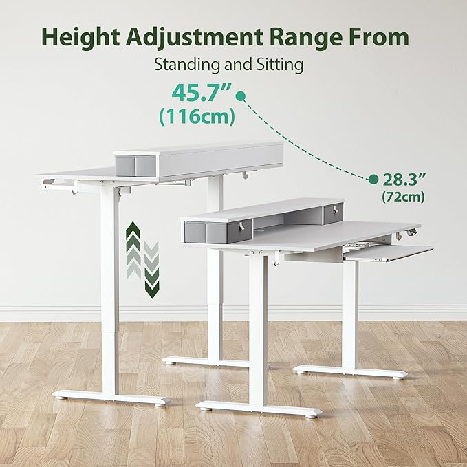 Agilestic Electric Standing Desk with 2 Drawers and Keyboard Tray, 48 x 23 Inches Ergonomic Adjustable Height Desk with Storage, Sit Stand Computer Workstation, White