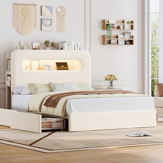 HOSTACK Full LED Bed Frame with Storage Headboard and Charging Station, Kids Bed Frame with 4 Drawers and USB Ports, Velvet Upholstered Platform Bed Frame with Bookcase, No Box Spring Needed, Cream