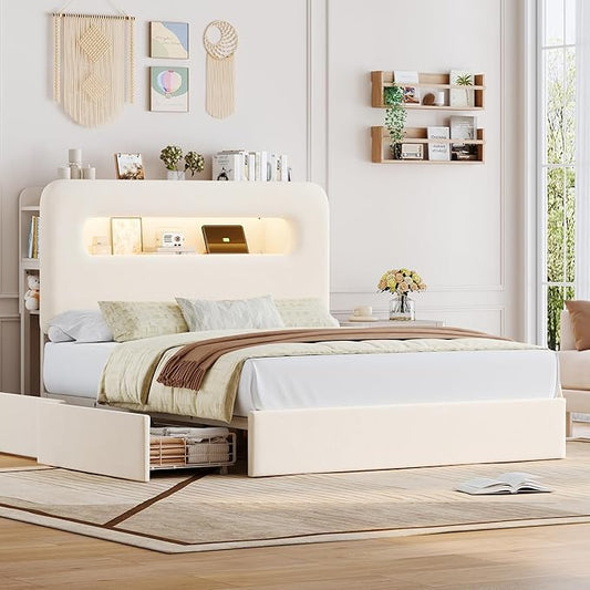 HOSTACK Full LED Bed Frame with Storage Headboard and Charging Station, Kids Bed Frame with 4 Drawers and USB Ports, Velvet Upholstered Platform Bed Frame with Bookcase, No Box Spring Needed, Cream