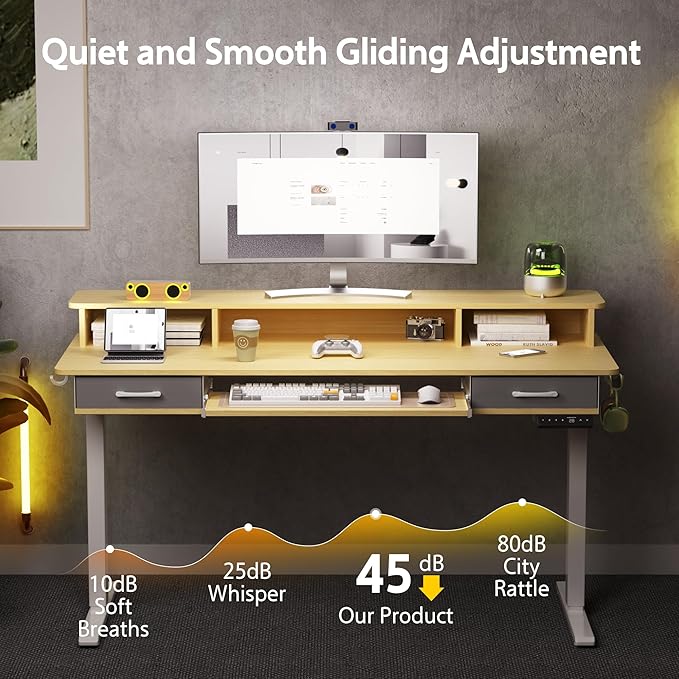 63 Inches Electric Standing Desk with Keyboard Tray, Height Adjustable Sit to Stand Table with 2 Drawers, Ergonomic Home Office Desk with Storage Shelf, Computer Table, Oak