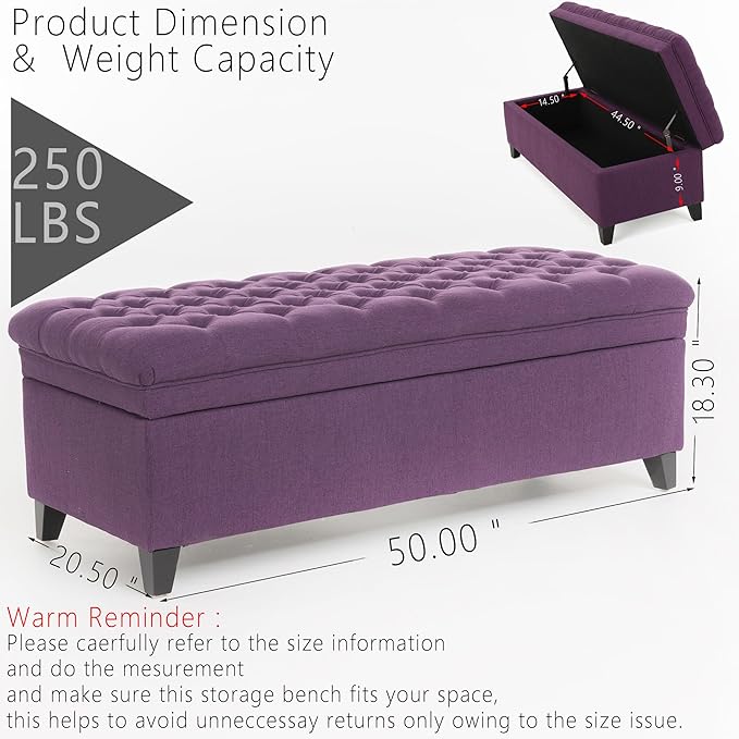 Setawix Linen Storage Benches for Bedroom,50" Bed End Bench with Storage,Tufted Purple Storage Ottoman Bench for Living Room,Rectangle Entryway Benches with Storage and Seating (Purple, Linen)