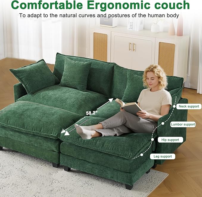 Cloud Chenille Sectional Sofa with 2 Ottoman｜Modular Couch｜FSC Solid Wood Frame｜29.1" Deep Seat｜Easy Assembly & 1YR Guarantee (Green, 77 Inch（U）)