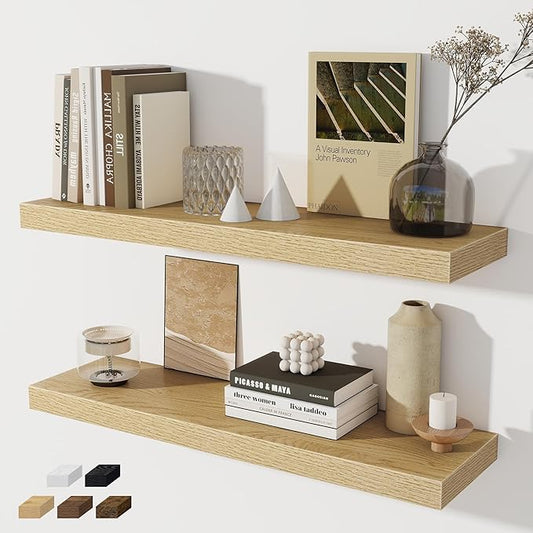 Fun Memories Floating Shelves - 2 Pack 30 Inch Long Rustic Wooden Wall Shelves - 8 Inch Deep Wall Mounted Storage Shelf with Invisible Heavy-Duty Brackets for Books, Bathroom, Kitchen - Oak