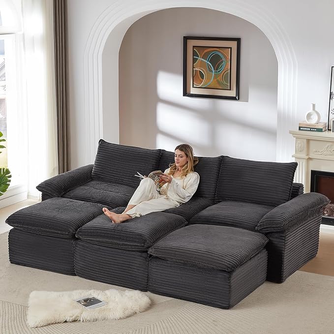 113.03" Sectional Couches for Living Room Modern Modular Sofa Couchs Upholstered Corduroy Boneless Couch Deep Seat Cloud Couch with Ottoman, No Assembly Required, Dark Gray