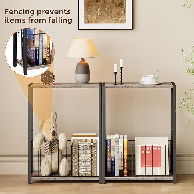 Narrow Side Tables Set of 2 with Magazine Holder, Skinny End Tables Perfect for Small Spaces, Space-Saving Design for Living Room, Bedroom, or Office, 7.1" D x 16.9" W x 23.6" H, Greige