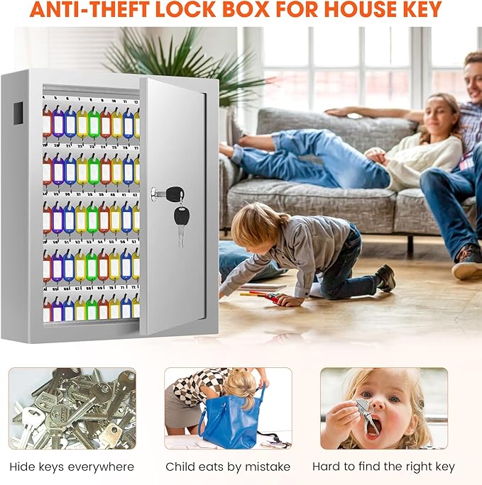 125 Key Lock Box Wall Mount with Anti-Theft Deposit Key Slot, White Key Cabinet with Key Hooks & 125 Tags Key Labels, Key Safe for Hotels & Office & Companies & Car Dealerships
