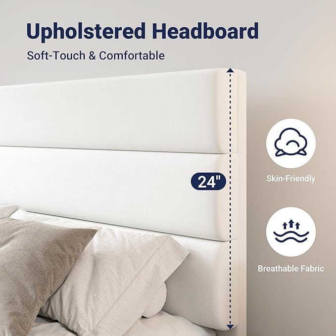 Allewie Modern Full Size Platform Bed Frame with 4 Storage Drawers and Velvet Upholstered Headboard, Wooden Slats Support, Upholstered Mattress Foundation/No Box Spring Needed/Easy Assembly, White