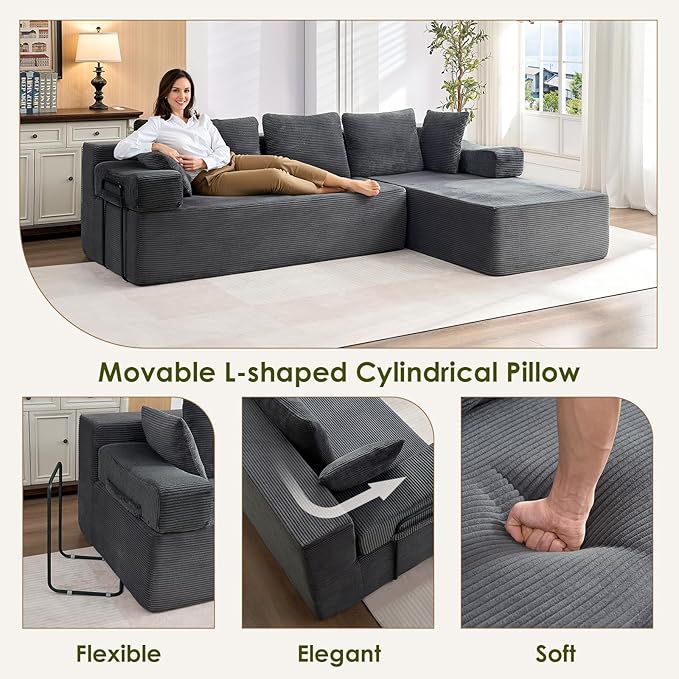 105" L-Shaped Modular Sectional Sofa with L-Shaped Boneless Couch, Cloud Couches for Living Room with Removable Arms, Convert Left/Right Facing, Plush Corduroy, No Assembly, Grey