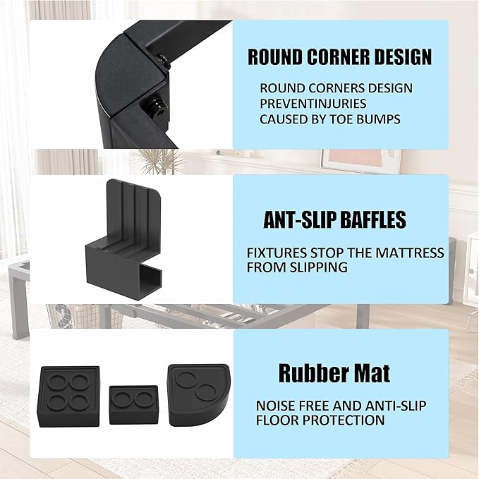 FUIOBYVV 12 Inch Queen Bed Frame with Rounded Corner and Headboard Hole Mattress Retainers 3500 LBS Metal Heavy Duty Steel Slats Support No Box Spring Needed Platform Noise Free Easy Assembly