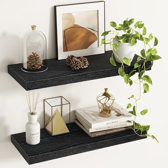 Fun Memories Floating Shelves - 2 Pack 9.3 Inch Deep Rustic Wooden Wall Shelves - Wall Mounted Storage Shelf with Invisible Brackets, 24" W x 9" D x 1.6" H - Black