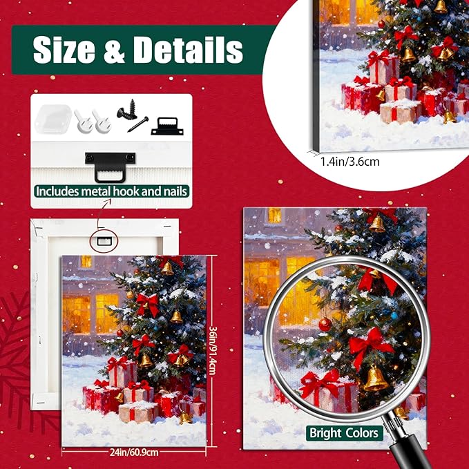 Vintage Christmas Tree and Gifts Box Canvas Wall Art - Festive Framed Print for Home Office Decor, Rustic Christmas Wall Art Picture, Ideal Christmas Gifts & Holiday Decorations