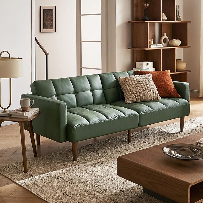 mopio 76.4" Futon Sofa Bed, Couch, Loveseat, Sleeper Sofa, Mid Century Modern Futon Couch, Sofa Cama, Couches for Living Room (Aaron PU, Sage Green)