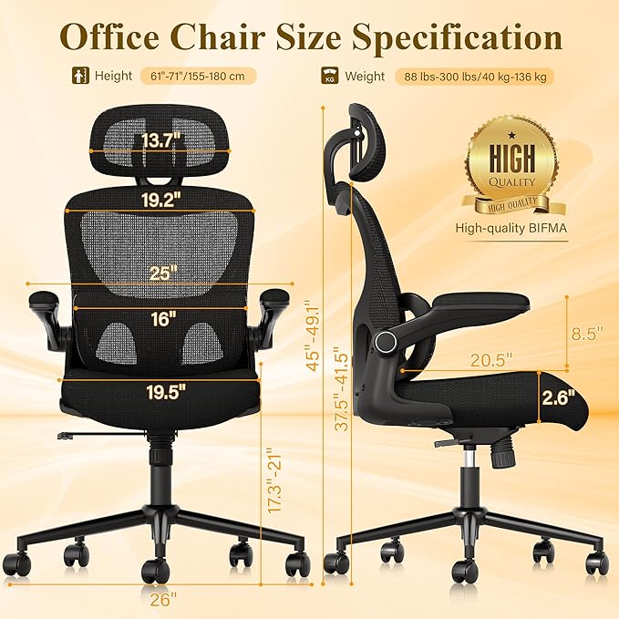 SUNNOW Ergonomic Office Chair, Comfy Mesh Desk Chair, High Back Computer Gaming Chairs with Adjustable Lumbar Support, Flip-Up Arms, Headrest, Tilt Function, Wide Cushion, Swivel Wheel, BIFMA Quality