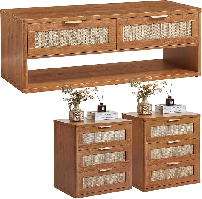 LEYAOYAO Boho Rattan Coffee Table and End Table Sets, 48" Wide Center Tables & 23" Night Stand with 3 Drawers, Brown Wood Coffee Table for Living Room 3 Piece Set