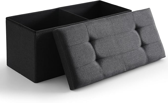 CUYOCA Storage Ottoman Bench Foldable Seat Footrest Shoe Bench End of Bed Storage with Flipping Lid, 75L Storage Space, 30 inches Linen Fabric Black