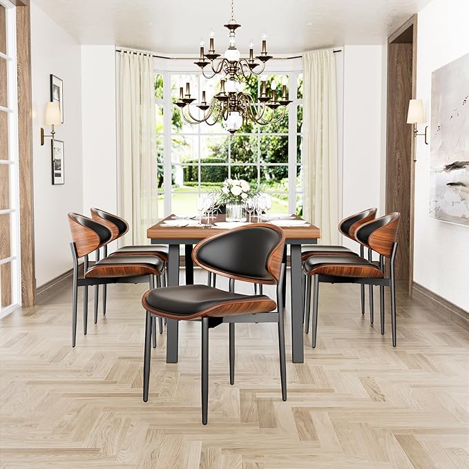 Dining Chairs Set of 4, Dining Room and Kitchen Chairs, Mid Century Modern Retro Chair, Upholstered PU Leather Chairs for Vanity with Walnut Bentwood and Metal Legs (Black)