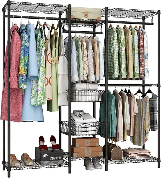 Xiofio 6 Tiers Heavy Duty Clothes Rack with Hanging Rods,Metal Garment Rack,Adjustable Shelves & 2 Slid Storage Baskets,65.0" L x 15.7" W x 76.0" H,Max Load 800LBS,Black