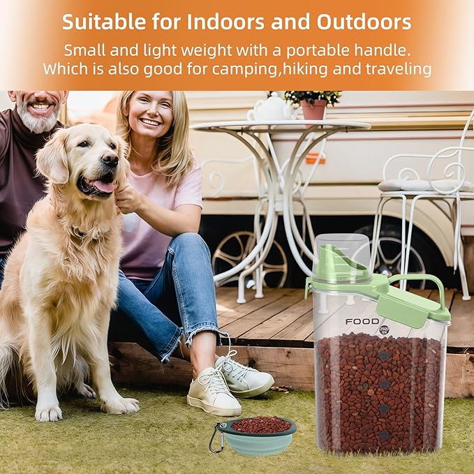 3-5Lbs Airtight Small Cat and Dog Food Storage Containers with Pet Folding Bowl, BPA Free Pet Containers with Large Pour Spout/Measuring Cup/ 3 Safety Locks/Double-Layer Silicone Strip