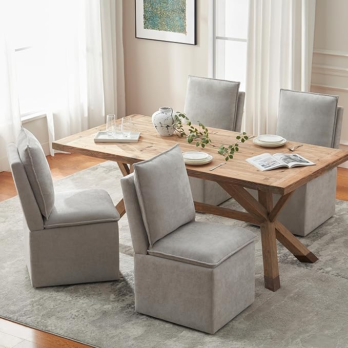 VKNOW Upholstered Dining Chairs, Modern Rolling Chairs with Storage and Wheels, Linen Armless Chair with Cushion and Backrest, Dining Room Chairs for Living Room Kitchen Bedroom, Light Grey