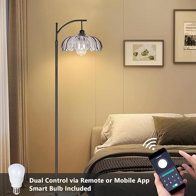 Arc Floor Lamps for Living Room with Remote,Black Dimmable Floor Lamp with Gray Glass Shade,Unique Vintage Flower Standing Tall Lamp,Modern Mid Century Floor Lamps for Bedroom Office Corner
