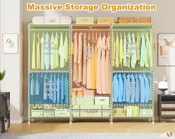 E14 Heavy Duty Clothes Rack，Freestanding Clothing Racks for Hanging Clothes，Adjustable Closet Organizers and Storage，Metal Garment Rack with Shelves 69" W x16 D x77 H，Max Load 960LBS，Gold