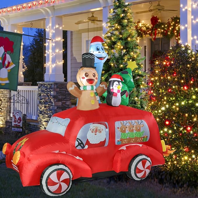 VCUTEKA Christmas Inflatables Outdoor Decorations - 8FT Inflatable Red Car with Gingerbread Man and Dinosaur Christmas Blow Up Yard Lighted for Holiday Garden Lawn Xmas Decor