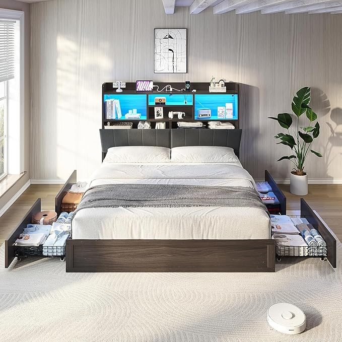 King Farmhouse Bed Frame with Bookcase Headboard and 4 Drawers, LED Storage Bed with Charging Station & Linen Upholstered, No Box Spring Needed,Black