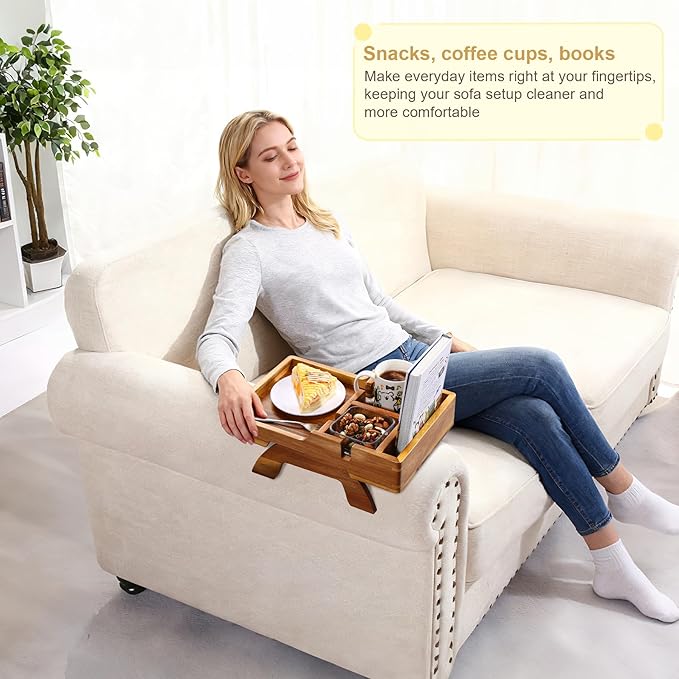 Acacia Wood Couch Arm Tray, 15.35"x9.85" Couch Armrest Table with Cup Holder, Foldable Desktop for Dual Use Sofa Arm Tray, with Non-Slip Feet