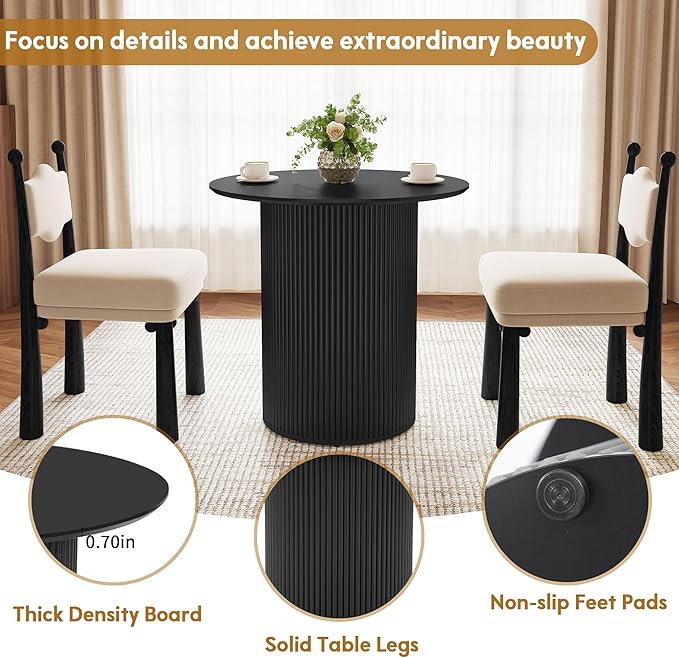 AVZEAR 31.5" Round Dining Table for 2 People, Small Kitchen Dinner Table with Fluted Wood Base, Farmhouse Circle Dining Tables for Home, Kitchen, Dining Room, Living Room (Black)