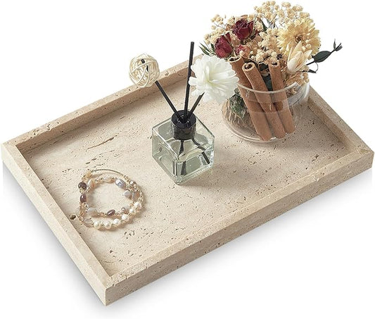 Travertine Tray,Bathroom Vanity Tray Non-Ceramic/Non-Resin,Marble Perfume Decorative Tray 12 x 8 inch (Travertine)