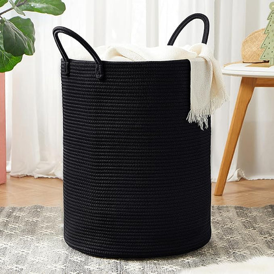 62L Black Woven Rope Hamper Laundry Basket for Clothes Tall Modern Blanket Storage Basket in Living Room Bedroom