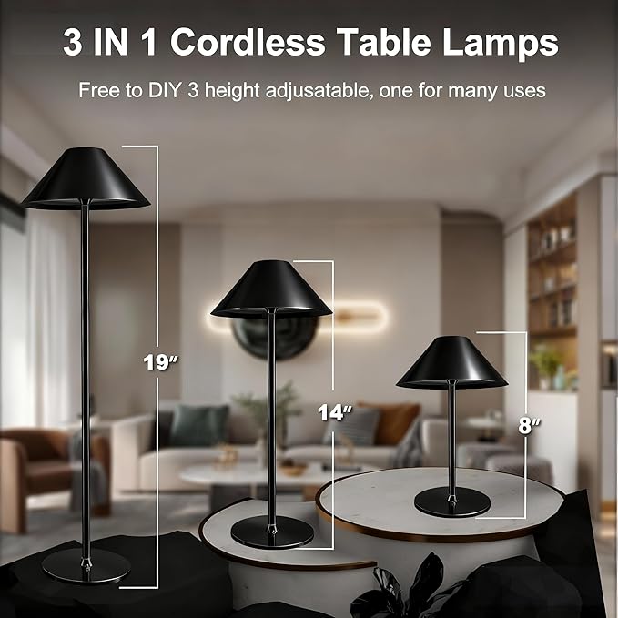 Black Cordless Lamp Set of 2, Rechargeable Battery Table Light Metal Lampshade with Flexible Height Pole, 3 Color Dimmable Bedside Touch Lamp, Portable Wireless Lamp for Reading/Home