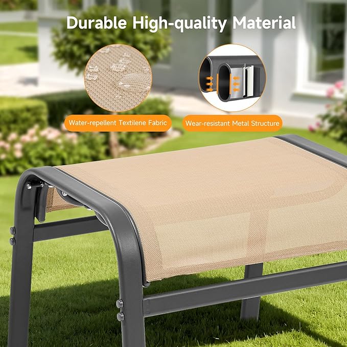 ONBRILL Outdoor Ottoman Set of 2, All Weather Outdoor Foot Stool with Supportive Textliene and Metal Frame, Stackable Oversized Outdoor Foot Rest for Furniture Patio Garden Pool, Beige