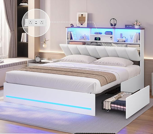 AOGLLATI Full Bed Frame with Stylish Bookcase Headboard & Charging Station & LED Lights,Full Size Bed Frame with 4 Storage Drawers, Metal Slats, No Box Spring Needed,White