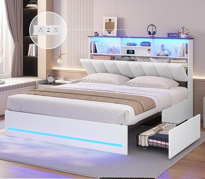 AOGLLATI Queen Bed Frame with Stylish Bookcase Headboard & Charging Station & LED Lights,Queen Size Bed Frame with 4 Drawers, Metal Slats, No Box Spring Needed,White