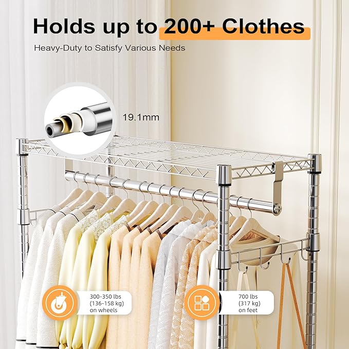 Heavy Duty Rolling Garment Rack 3 Tiers Adjustable Wire Shelving Clothes Rack with 2 Rods and Side Hooks,Storage Closet Clothing Rack with Wheels Chrome 15.7" D x 29.5" W x 74.5" H