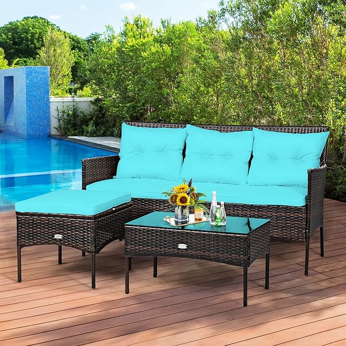 Tangkula 3 Pieces Patio Conversation Set, Outdoor PE Rattan Wicker Furniture Set W/Cozy Cushions, All Weather Sectional Sofa Set W/Tempered Glass Coffee Table for Poolside, Backyard, Garden