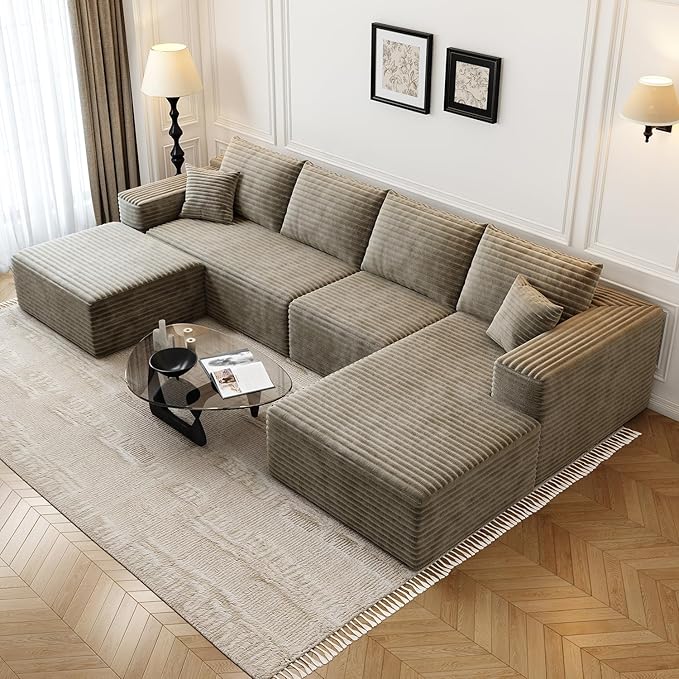 135.4" Cloud Modular Sectional Sofa with 1 Ottoman,Modern Minimalist Upholstered Couches, Comfort U Shaped Sofa for Living Room,Deep Seat Corner Couch，No Assembly Required (Camel,Right Facing Chaise)