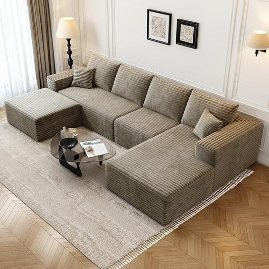 135.4" Cloud Modular Sectional Sofa with 1 Ottoman,Modern Minimalist Upholstered Couches, Comfort U Shaped Sofa for Living Room,Deep Seat Corner Couch，No Assembly Required (Camel,Right Facing Chaise)