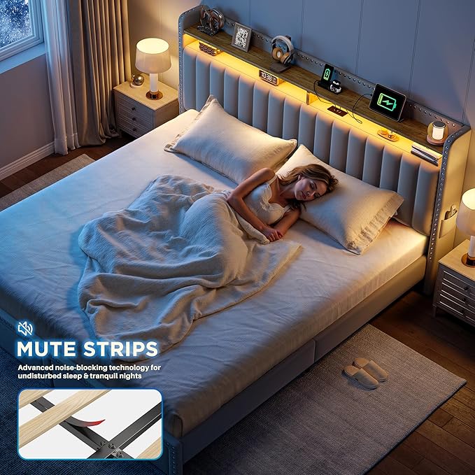 EnHomee King Size Bed Frame with 2 Storage Drawers, Upholstered Platform Bed with LED Lights and Charging Station, Sturdy Wooden Slats Support, No Box Spring Needed, Noise Free, Beige