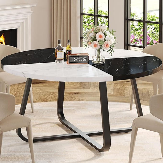 LVB Round Marble Dining Table for 4 Man, Modern 51-Inch Wood Dining Table,Farmhouse Large Kitchen Table with Metal Legs for Living Room, Home, Apartment,Black and White Marble