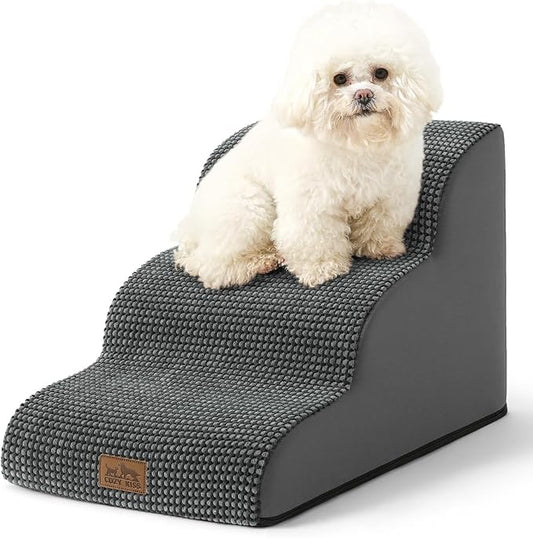 Dog Stairs for Small Dogs 15.7" H, Curved Dog Step for Puppy, Older Cat, Medium Pet Ramp for Sofa, Couch or Chair, Ladder with High Density Foam, 15.7x22.4x15.7 inch, 3 Step, Charcoal Grey