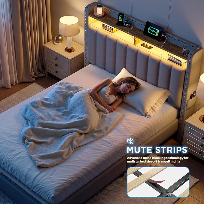 EnHomee Twin Size Bed Frame with One Large Storage Headboard & Charging Station, LED Platform Bed Frame with Storage Drawer, Sturdy Wooden Slats Support, Noise-Free, No Box Spring Needed, Grey