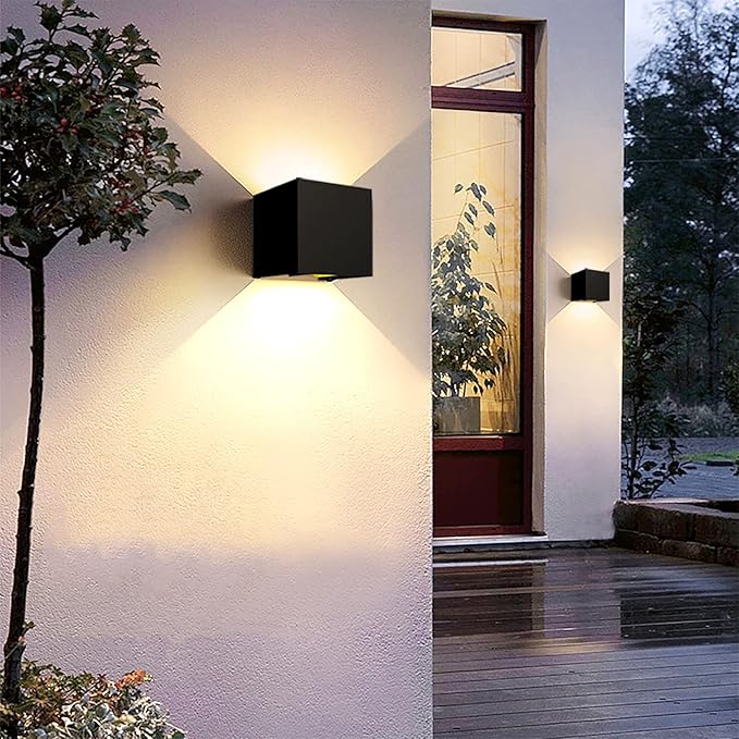 4 Pack Outdoor Wall Lights Exterior/Interior LED Wall Sconces IP65 Waterproof Square Aluminum Wall Lamps Outdoor Lighting Fixture Up and Down Lights Modern Black 12W 3000K Warm Lights