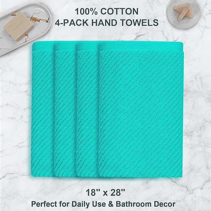 VOOVA & MOVAS Bathroom Hand Towels Set of 4, Large 18"x28" - 100% Cotton | Quick Dry | Light Weight | Thick | Soft | Absorption, Luxury Hand Towels for Showering, Turquoise Bathroom Decor